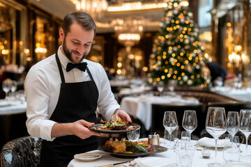 Waiter serves exquisite dishes to customers in elegant restaurant during festive season