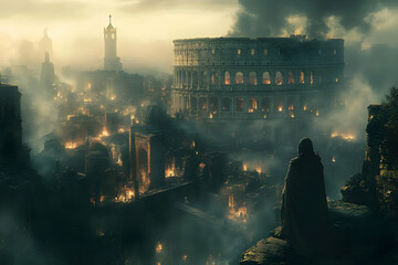 A somber view of a burning ancient city with the Colosseum amidst smoke and ruins.