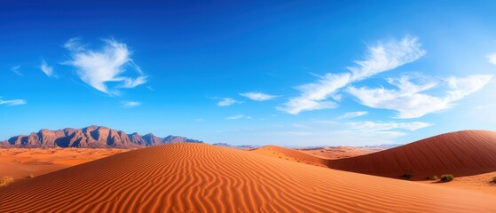 Vast desert landscape with rolling dunes under a bright blue sky and fluffy clouds.