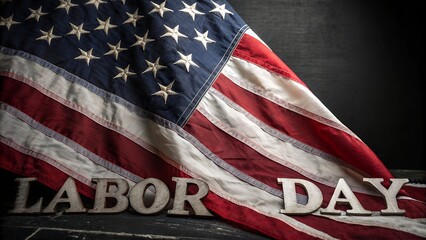 A weathered American flag draped dramatically celebrating Labor Day a tribute to American workers dark moody tones with wooden letters spelling Labor Day AI Generative