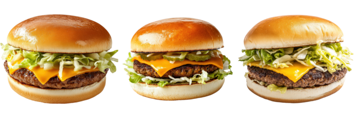 Three juicy cheeseburgers with melted cheese and fresh toppings.