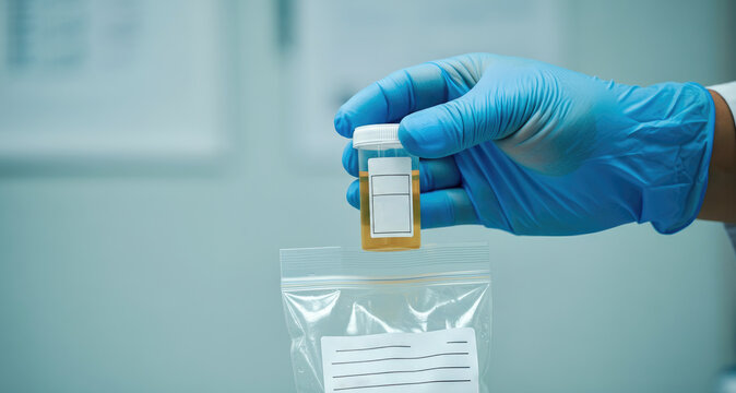 Gloved hand holding urine sample container over labeled bag in laboratory setting