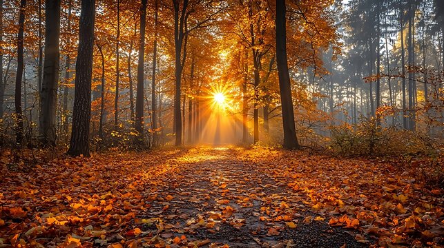 A peaceful forest pathway covered in golden autumn leaves, sunlight filtering through tall trees, a sense of renewal and tranquility filling the crisp morning air