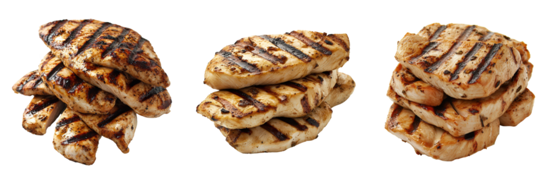 Triptych of grilled chicken breasts.