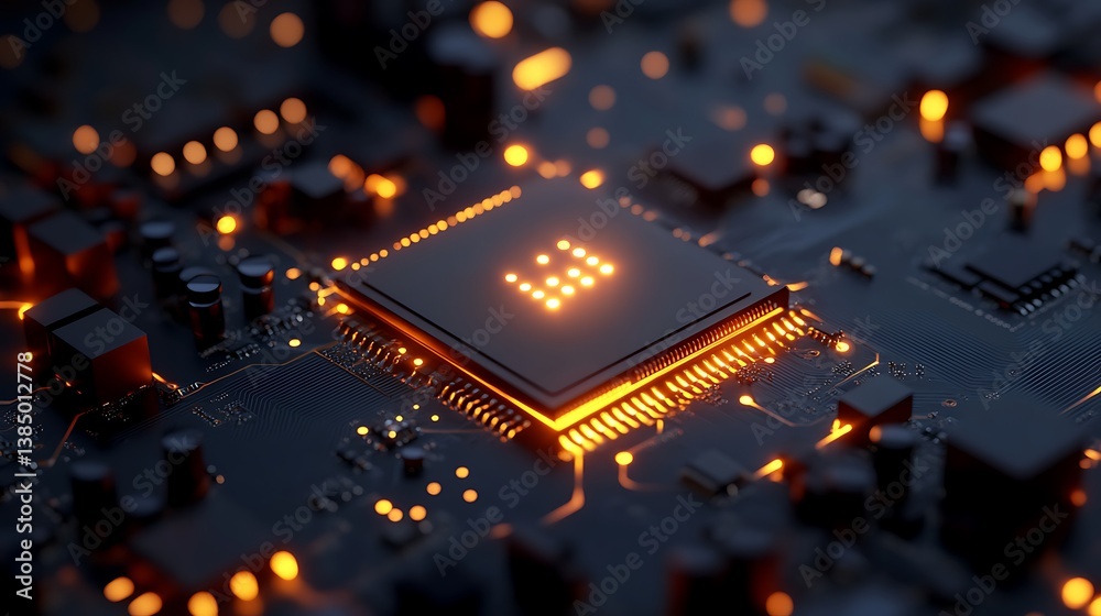 Wall mural glowing cpu chip on circuit board digital tech.