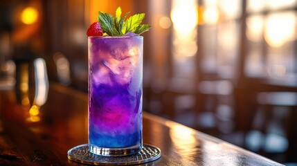 Purple Cocktail with a Strawberry and Mint Garnish