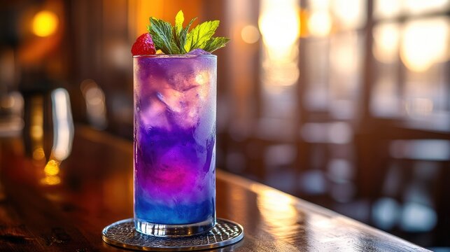 Purple Cocktail with a Strawberry and Mint Garnish