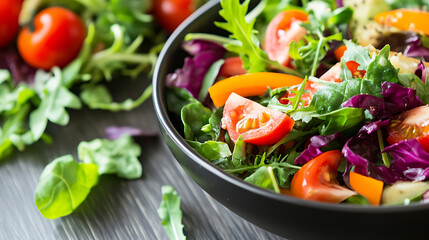 Fresh salad with vibrant vegetables including tomatoes, peppers, and leafy greens, showcasing healthy and colorful meal option that is both nutritious and appetizing