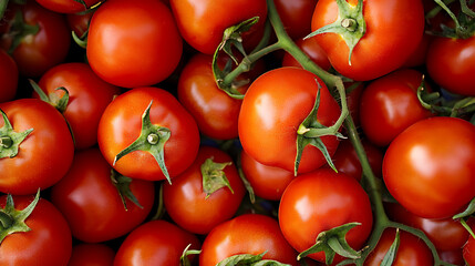 Fresh, ripe tomatoes are piled together, showcasing their vibrant red color and glossy skin. green stems add natural touch, making this perfect for food related themes