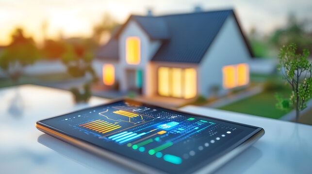 An AI powered energy management system optimizing energy consumption in smart homes and reducing costs, Smart home technology style, photo of