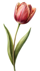 Obraz premium A Single Elegant ReddishOrange Tulip with Green Leaves on White Background Botanical Illustration
