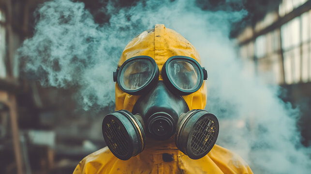person wearing yellow protective suit and gas mask stands amidst smoke, conveying sense of urgency and caution in hazardous environment