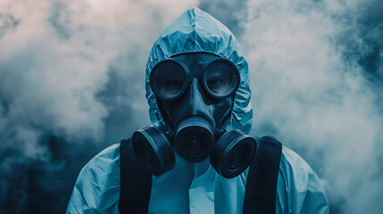person wearing protective suit and gas mask stands amidst smoky environment, conveying sense of urgency and caution. blue tones enhance dramatic atmosphere