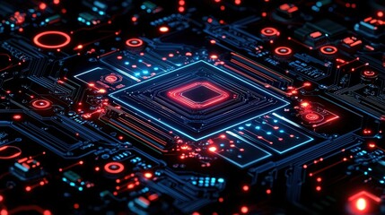 Obraz premium Futuristic Digital Circuit Board with Glowing Lights and Microchip Centerpiece