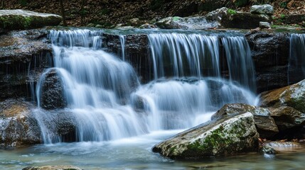 Cascading Water Over Rocks in a Forest