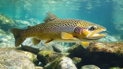 Fototapeta premium vibrant brown trout swimming gracefully in clear water, showcasing its distinctive spots and colors among rocks and aquatic plants. serene underwater environment enhances its beauty