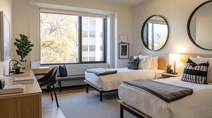 Fototapeta premium Modern Twin Beds in a Bright Room with City View