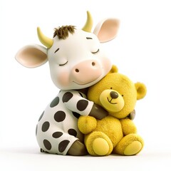 Cute Cartoon Cow Hugs Adorable Teddy Bear in Bright Setting