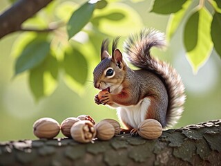 Fototapeta premium Squirrel holding walnut on the tree