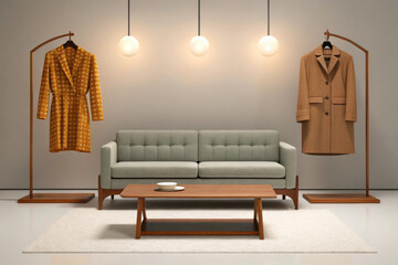 Sustainable fashion is showcased in this stylish living room featuring modern sofa and elegant clothing displays that enhance aesthetic appeal