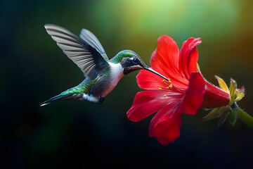 Ruby throated hummingbird hovering and drinking nectar from red flower