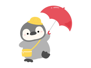 傘をさして幼稚園へ行くペンギン
