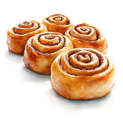 Fototapeta premium Watercolor style rendering of six golden swirling cinnamon rolls inviting and freshly baked.