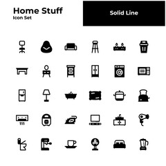 home stuff solid line icon set. home appliance glyph icon set.