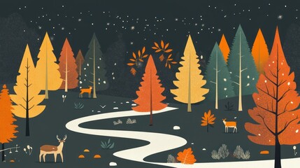 Autumn forest night, deer, path, starry sky, digital art, for wallpaper, background, print