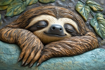 Sleeping sloth sculpture nestled in leaves and branches with eyes closed and peaceful expression serene and content.