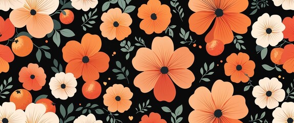 Fototapeta premium Tangerine floral silhouettes scattered digital art pattern abstract design illustration background