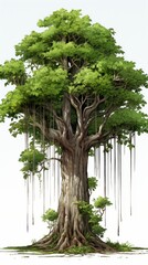 A majestic low poly banyan tree illustration showcases its massive aerial roots and vibrant green foliage against a clean white background perfect for game assets or environmental