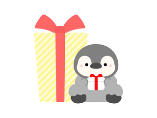 大きなプレゼントとペンギン、クリスマスや誕生日のイラスト