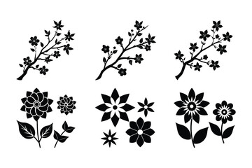 A vector set features black silhouette trees and leaves, a nature-inspired botanical collection.