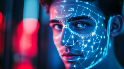 An AI powered facial recognition system providing enhanced security by verifying identities at entry points, Security technology style, photo of
