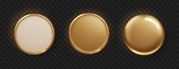 Golden plate button shape with frame. Realistic isolated design element, golden glossy label. Realistic 3D design.