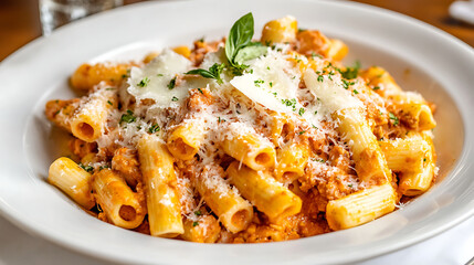 Delicious pasta dish featuring rigatoni noodles topped with creamy sauce, grated cheese, and fresh basil, creating comforting and flavorful meal