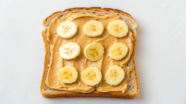 Healthy breakfast low sugar concept. A slice of whole-grain bread topped with creamy peanut butter and sliced bananas, arranged in a neat pattern.
