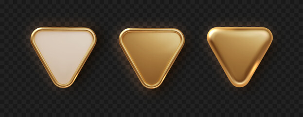 Golden plate button shape with frame. Realistic isolated design element, golden glossy label. Realistic 3D design.