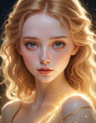 Fototapeta premium Young girl with long blonde hair and golden sparkles