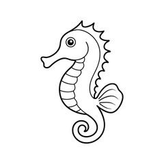 Sea horse on white, black and white outline Vector Illustration, children's coloring book style line art