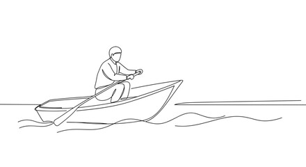 Line drawing of a person rowing a boat on calm water