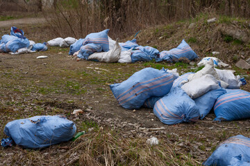 Illegal dumping of construction waste in forest area. Environmental pollution, garbage in nature,...
