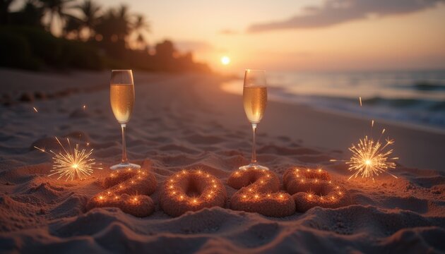 New Year's 2025 celebration with champagne on a beach at sunset -  