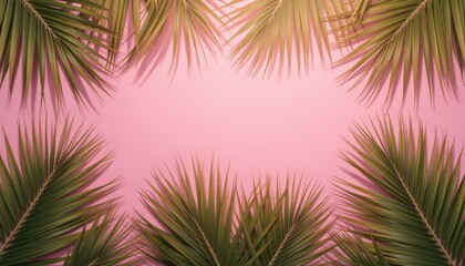 Tropical palm leaves framing a pink background for summer vibes  