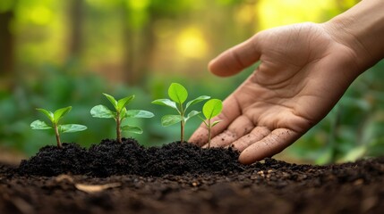 a person is holding a handful of dirt with a plant growing out of it