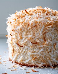 A tangled looking shredded coconut cake on a plain white background