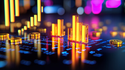 Digital financial data visualization with glowing bar graphs and coins, representing market trends and analytics in vibrant atmosphere