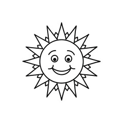 Sun , smiling cartoon character,  black and white outline Vector Illustration, children's coloring book style line art