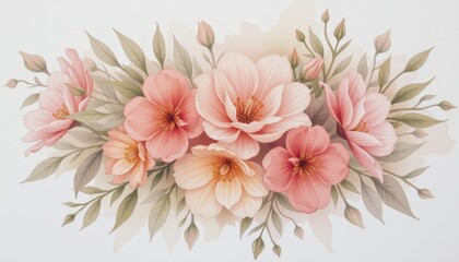 Fototapeta premium Floral arrangement of pink flowers with green leaves on white background 